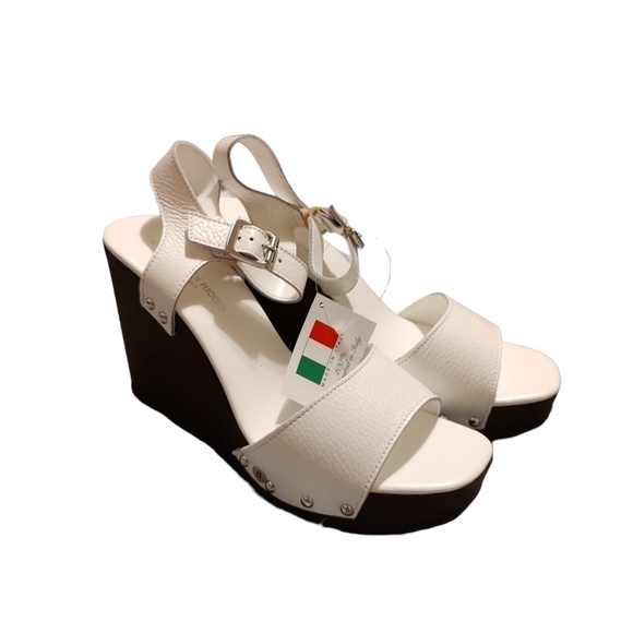 Christian Di Riccio White Leather Wedge Sandals Sz.9 NIB ~ Made in Italy - Picture 1 of 8